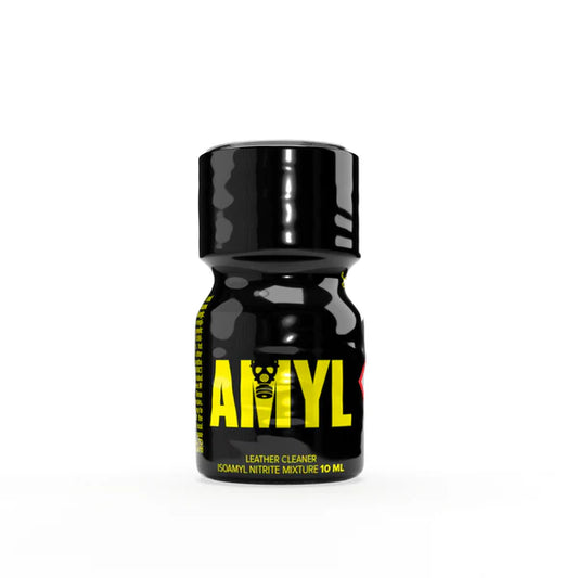 Amyl leather cleaner bottle with label showing 'Isoamyl Nitrite Mixture 10 ml' highlighted on shiny black surface.
