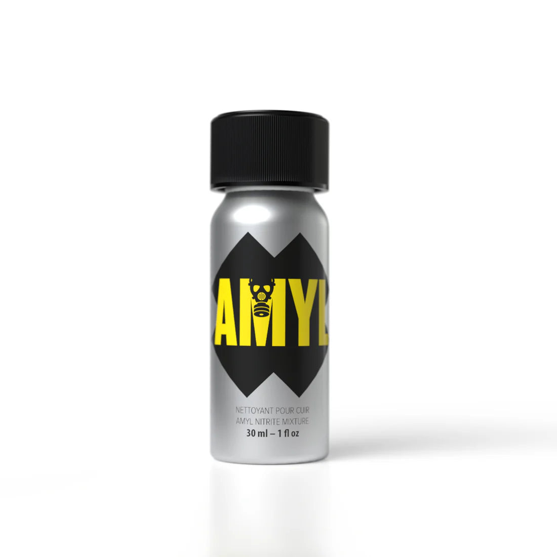 Metallic silver Amyl Poppers 30ml bottle with bold yellow and black molecular graphic on label