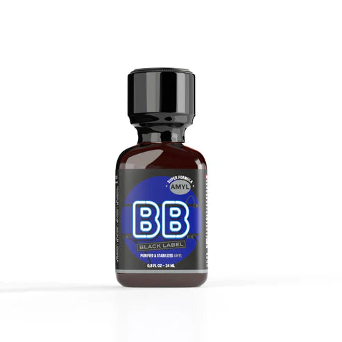 BB Amyl Poppers 24ml bottle, featuring a black cap and blue label with 'BLACK LABEL' text, displayed on a white background.