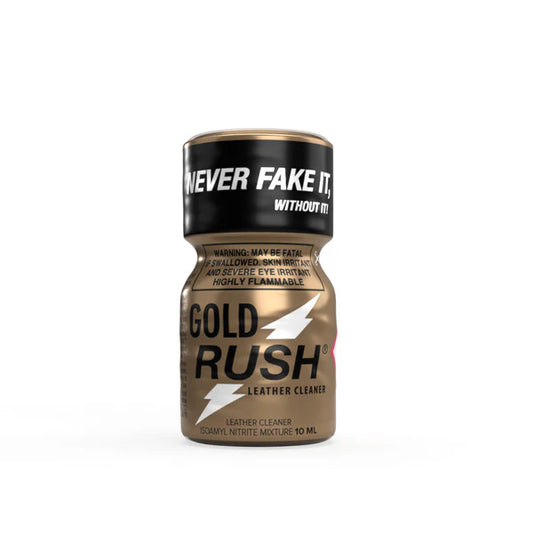 Single Gold Rush Poppers 10ml Leather Cleaner bottle featuring 'Never Fake It' slogan and safety warnings, isolated on a white background.