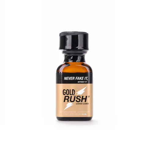 Gold Rush Poppers 24ml bottle with beige label and black cap, featuring the slogan 'Never fake it' and a star graphic