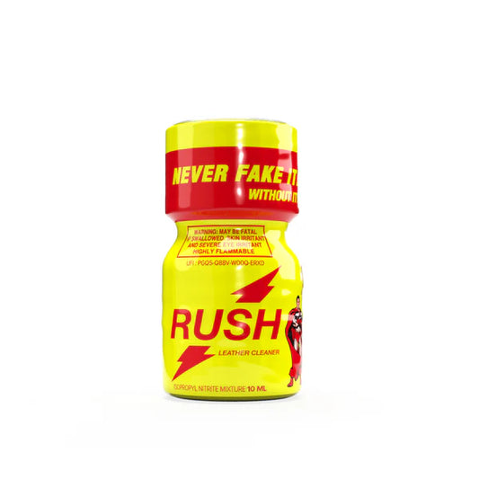 Poppers Rush Original 10ml bottle with vibrant yellow and red label featuring safety warnings and the 'Never Fake It' slogan.
