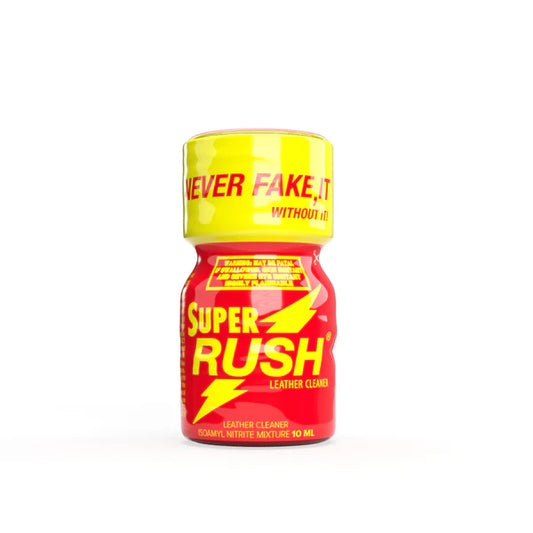 Super Rush Original Poppers 10ml bottle featuring vibrant red and yellow design, highlighting the 'Never Fake It!' and 'Leather Cleaner' labels.